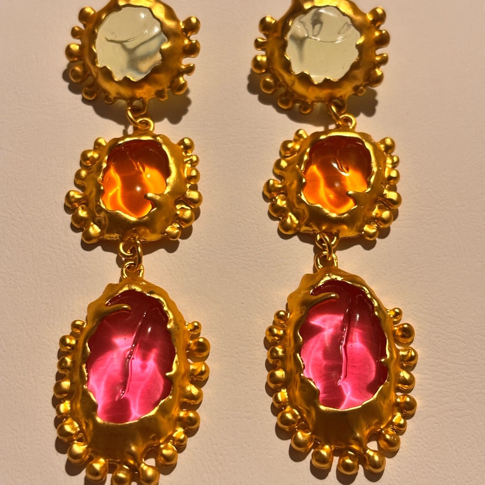 Gold-Frame Pink & Amber Drop Earrings - Unbranded